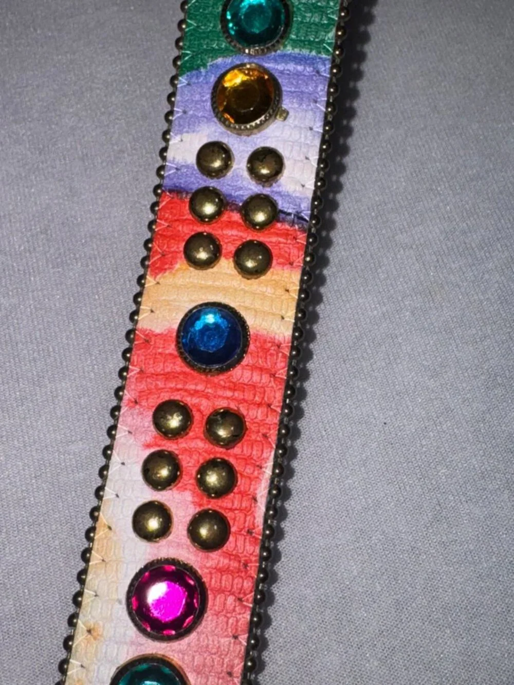 Vintage Rainbow Studded Rhinestone Belt Abstract Brass Buckle